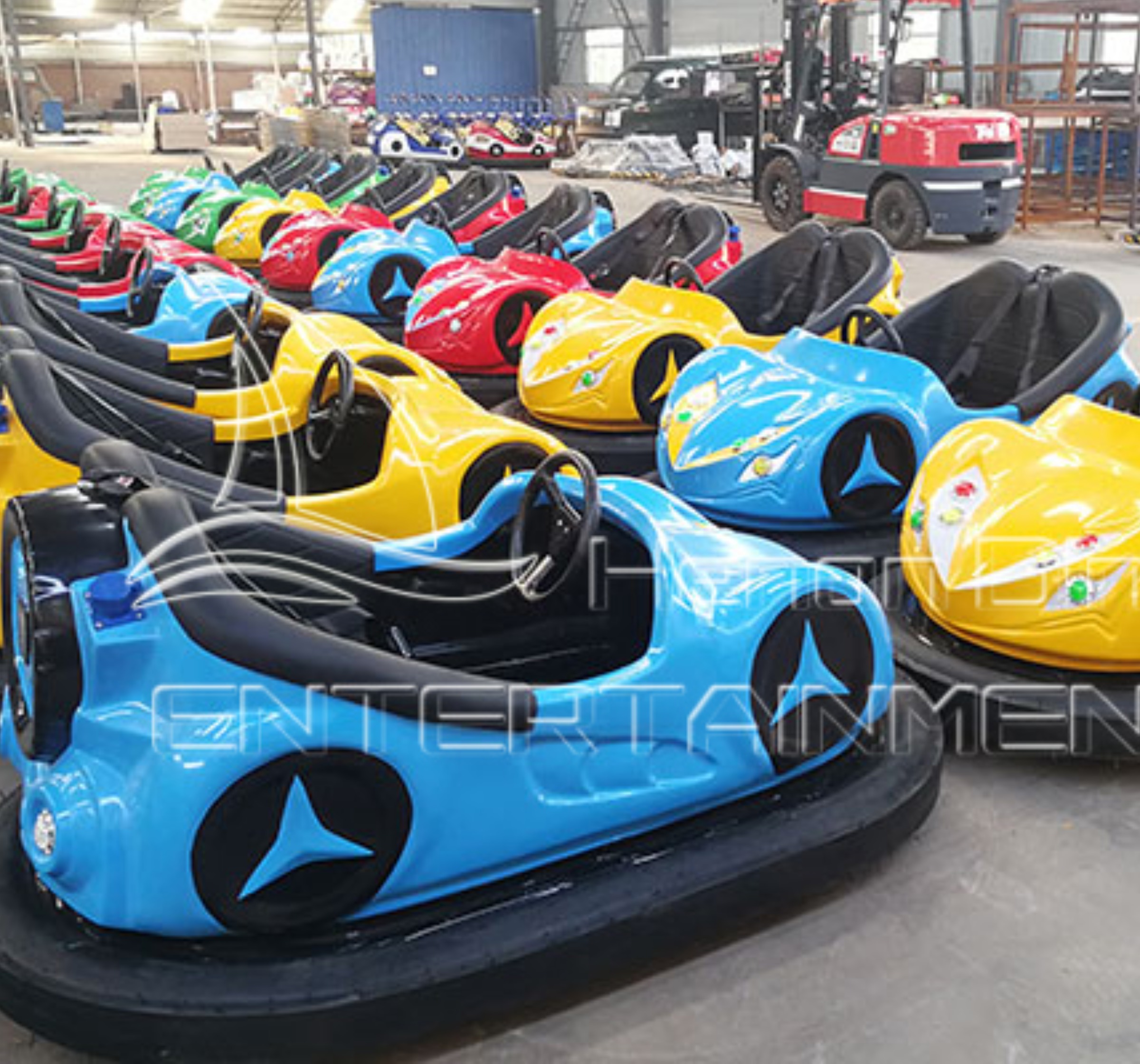 various colors ground grid powered bumper cars