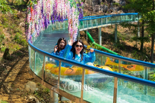 adult tourists of glass water slide